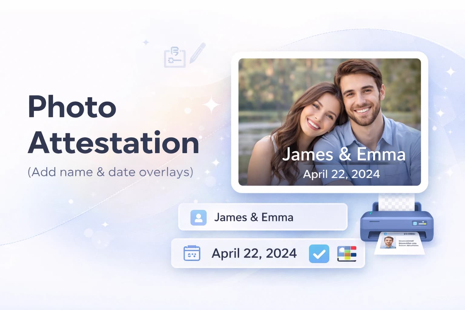 Professional photo with name and date attestation overlay